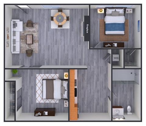 A top-down view of a small apartment layout with a kitchen, living room, and bedroom.